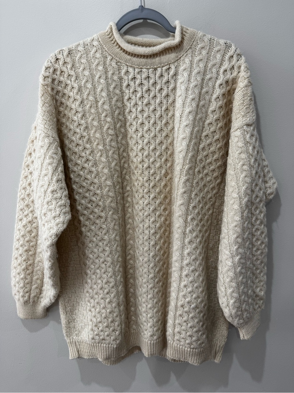 Vtg Sz Medium Wool Alpaca Roll Neck Sweater Fisherman Cable Knit Irish Sweater